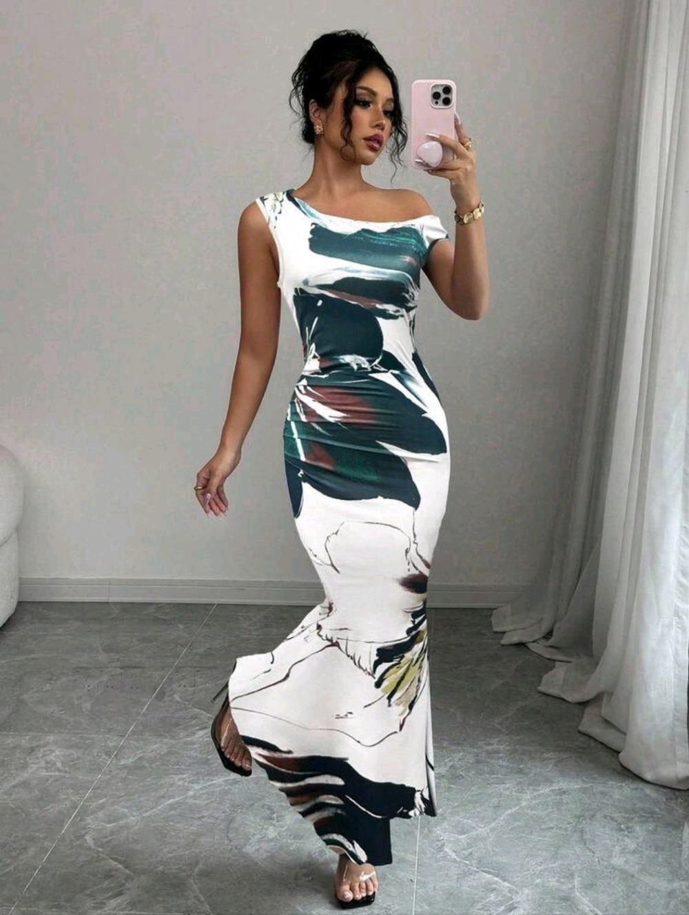 Asymmetric One-Shoulder Maxi Dress in White and Green Print